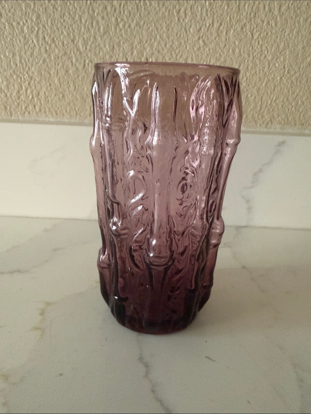 Mid Century Tahiti Bamboo Textured Amethyst Colored Glass or Vase